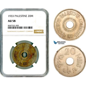 AL598, Palestine, 20 Mils 1933, London Mint, NGC AU58
