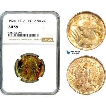 AL599, Poland, 2 Zlote 1924, Philadelphia Mint, Silver, NGC AU58