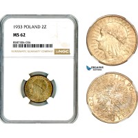 AL600, Poland, 2 Zlote 1933, Warsaw Mint, Silver, NGC MS62