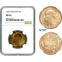 AL601, Poland, 5 Zlotych 1933, Warsaw Mint, Silver, NGC MS62
