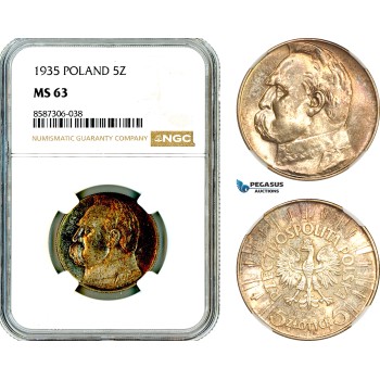 AL602, Poland, 5 Zlotych 1935, Warsaw Mint, Jozef Pilsudski, Silver, NGC MS63
