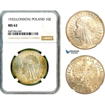 AL603, Poland, 10 Zlotych 1932, London Mint, Silver, NGC MS62