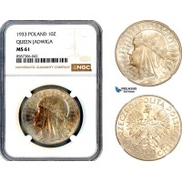 AL605, Poland, 10 Zlotych 1933, Queen Jadwiga, Silver, NGC MS61