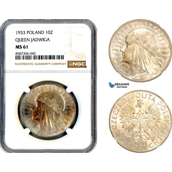 AL605, Poland, 10 Zlotych 1933, Queen Jadwiga, Silver, NGC MS61