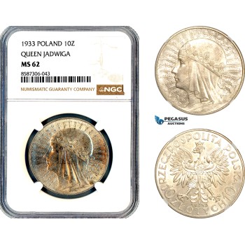 AL606, Poland, 10 Zlotych 1933, Queen Jadwiga, Silver, NGC MS62