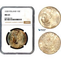 AL607, Poland, 10 Zlotych 1939, Warsaw Mint, Jozef Pilsudski, Silver, NGC MS63
