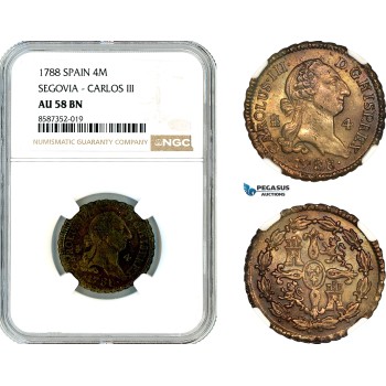 AL614, Spain, Charles III, 4 Maravedis 1788, Segovia Mint, NGC AU58BN
