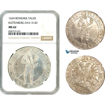 AL623, Austria, Bohemia, Ferdinand II, Taler 1624, Kuttenberg Mint, Dav-3143, Silver, NGC MS62, Top Pop and single finest graded!