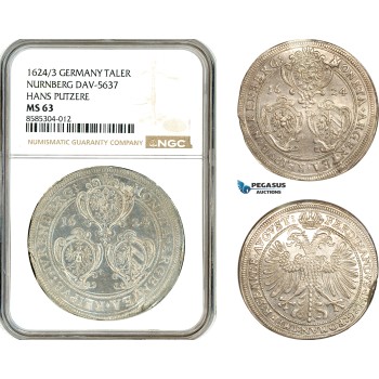 AL624, Germany, Nurnberg, Ferdinand II, Taler 1624/3, Silver, Dav-5637, NGC MS63, Top Pop and single finest graded
