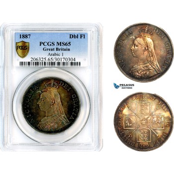 AL628, Great Britain, Victoria, "Golden Jubilee" Double-Florin 1887, Arabic 1, London Mint, Silver, PCGS MS65