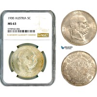 AL634, Austria, Franz Joseph, 5 Corona 1900, Vienna Mint, Silver, NGC MS63