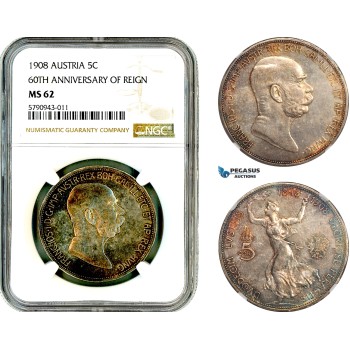 AL635, Austria, Franz Joseph, 5 Corona 1908, Vienna Mint, Silver, "60TH ANNIVERSARY OF REIGN", NGC MS62