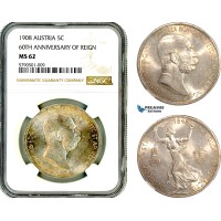 AL636, Austria, Franz Joseph, 5 Corona 1908, Vienna Mint, Silver, "60TH ANNIVERSARY OF REIGN", NGC MS62