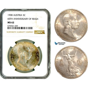 AL636, Austria, Franz Joseph, 5 Corona 1908, Vienna Mint, Silver, "60TH ANNIVERSARY OF REIGN", NGC MS62 AL636, Austria, Franz Joseph, 5 Corona 1908, Vienna Mint, Silver, "60TH ANNIVERSARY OF REIGN", NGC MS62