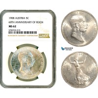 AL637, Austria, Franz Joseph, 5 Corona 1908, Vienna Mint, Silver, "60TH ANNIVERSARY OF REIGN", NGC MS62