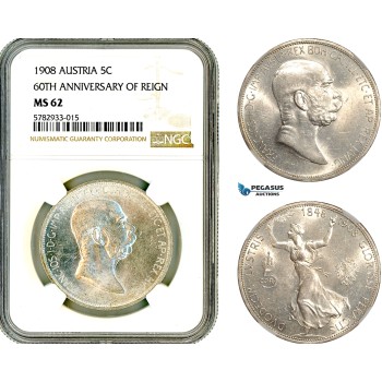 AL637, Austria, Franz Joseph, 5 Corona 1908, Vienna Mint, Silver, "60TH ANNIVERSARY OF REIGN", NGC MS62 AL637, Austria, Franz Joseph, 5 Corona 1908, Vienna Mint, Silver, "60TH ANNIVERSARY OF REIGN", NGC MS62