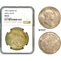 AL638, Austria, Franz Joseph, 5 Corona 1909, Vienna Mint, Silver, "Small Head", NGC MS62