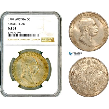 AL638, Austria, Franz Joseph, 5 Corona 1909, Vienna Mint, Silver, "Small Head", NGC MS62 AL638, Austria, Franz Joseph, 5 Corona 1909, Vienna Mint, Silver, "Small Head", NGC MS62