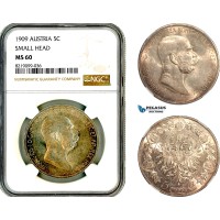 AL639, Austria, Franz Joseph, 5 Corona 1909, Vienna Mint, Silver, "Small Head", NGC MS60
