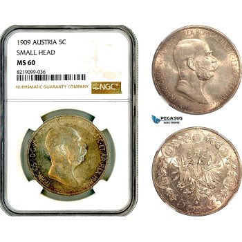AL639, Austria, Franz Joseph, 5 Corona 1909, Vienna Mint, Silver, "Small Head", NGC MS60 AL639, Austria, Franz Joseph, 5 Corona 1909, Vienna Mint, Silver, "Small Head", NGC MS60