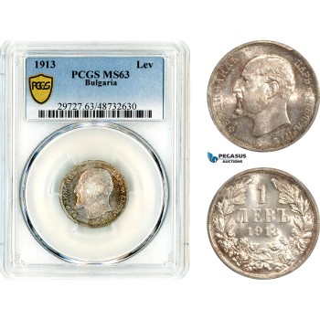 AL642, Bulgaria, Ferdinand, 1 Lev 1913, Vienna Mint, Silver, PCGS MS63