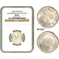 AL645, China, Kwangtung, 20 Cents Yr. 9 (1920) Silver, L&M-150, Y-423, NGC MS63