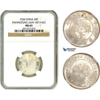 AL645, China, Kwangtung, 20 Cents Yr. 9 (1920) Silver, L&M-150, Y-423, NGC MS63
