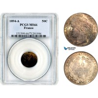 AL649, France, Third Republic, 50 Centimes 1894 A, Paris Mint, Silver, PCGS MS66