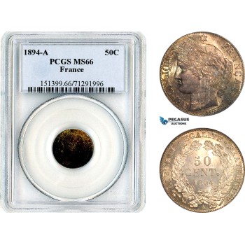 AL649, France, Third Republic, 50 Centimes 1894 A, Paris Mint, Silver, PCGS MS66