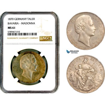 AL650, Germany, Bavaria, Ludwig II, "Madonnentaler" 1 Taler 1870, Munich Mint,  Silver, NGC MS61
