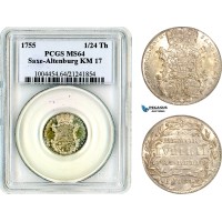 AL652, Germany, Saxe-Altenburg, Friedrich III, 1/24 Taler 1755, Silver, “Peace of Augsburg”, PCGS MS64