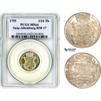 AL652, Germany, Saxe-Altenburg, Friedrich III, 1/24 Taler 1755, Silver, “Peace of Augsburg”, PCGS MS64