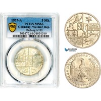 AL653, Germany, Weimar, 3 Reichsmark 1927 A, Berlin Mint, Silver, “Philipps University”, PCGS MS66