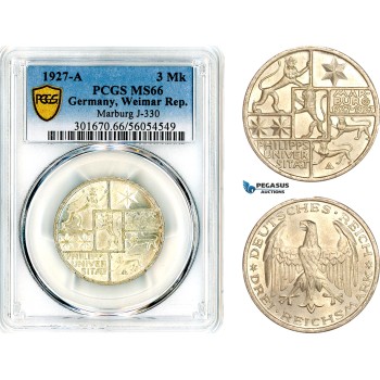AL653, Germany, Weimar, 3 Reichsmark 1927 A, Berlin Mint, Silver, “Philipps University”, PCGS MS66