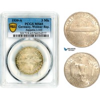 AL654, Germany, Weimar Republic, 3 Reichsmark 1930 A, Berlin Mint, Silver, “Graf Zeppelin", PCGS MS65