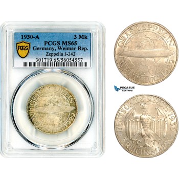 AL654, Germany, Weimar Republic, 3 Reichsmark 1930 A, Berlin Mint, Silver, “Graf Zeppelin", PCGS MS65