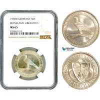 AL655, Germany, Weimar Republic, 3 Reichsmark 1930 D, Munich Mint, Silver, "Rhineland Liberation", NGC MS65
