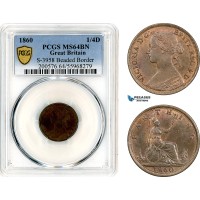 AL656, Great Britain, Victoria, Farthing (1/4 Penny) 1860, London Mint, “Beaded border", PCGS MS64BN