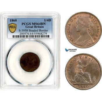 AL656, Great Britain, Victoria, Farthing (1/4 Penny) 1860, London Mint, “Beaded border", PCGS MS64BN