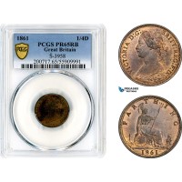 AL657, Great Britain, Victoria, Farthing (1/4 Penny) 1861, London Mint, PCGS PR65RB, Rare!
