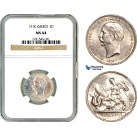 AL660, Greece, George I, 1 Drachma 1910, Paris Mint, Silver, NGC MS64