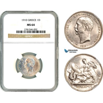 AL660, Greece, George I, 1 Drachma 1910, Paris Mint, Silver, NGC MS64