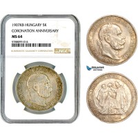 AL661, Hungary, Franz Joseph, 5 Korona 1907 KB, Kremnitz Mint, Silver, “Coronation Anniversary", NGC MS64