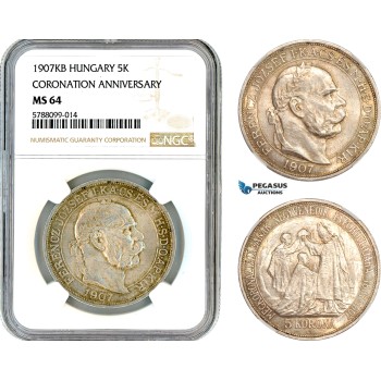 AL661, Hungary, Franz Joseph, 5 Korona 1907 KB, Kremnitz Mint, Silver, “Coronation Anniversary", NGC MS64