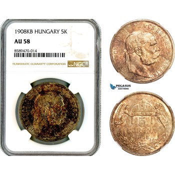 AL663, Hungary, Franz Joseph, 5 Korona 1908 KB, Kremnitz Mint, Silver, NGC AU58