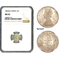 AL664, India, British, Victoria, 2 Annas 1862 C, Calcutta Mint, Silver, NGC MS65
