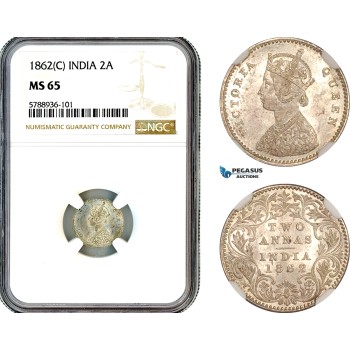 AL664, India, British, Victoria, 2 Annas 1862 C, Calcutta Mint, Silver, NGC MS65