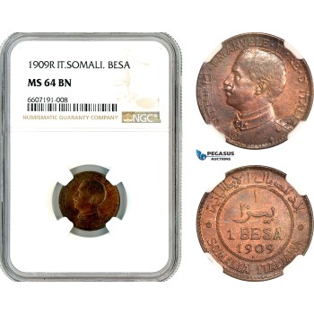AL665, Italian Somaliland, Vit. Emanuele III, 1 Besa 1909 R, Rome Mint, NGC MS64BN