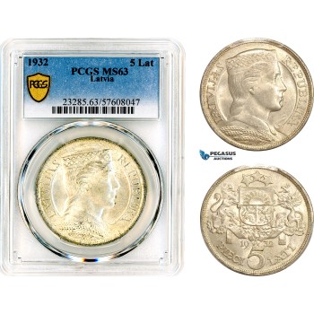 AL668, Latvia, 5 Lati 1932, London Mint, Silver, PCGS MS63 AL668, Latvia, 5 Lati 1932, London Mint, Silver, PCGS MS63