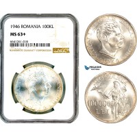 AL672, Romania, Mihai I, 100000 Lei 1946, Bucharest Mint, Silver, NGC MS63+